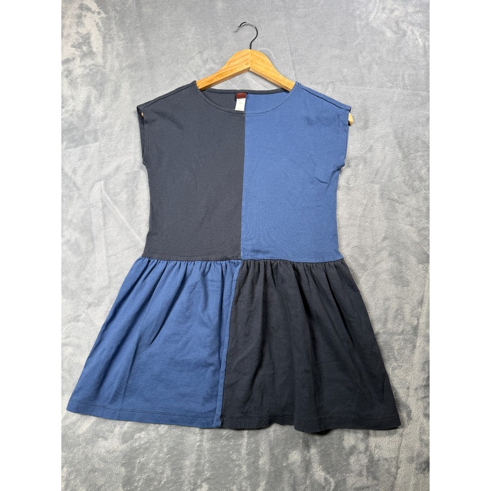 Tea Collection Girls 8 Blue Black Peplum Hem Cotton Cap Sleeve Mini Dress Casual